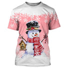 Sweat noël variante avec rose avec bonhomme de neige souriant, oiseau et maisonnette