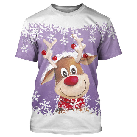 Gestrickter Weihnachtspullover mit lächelndem Rentier mit roter Nase und Schneeflocken – CT04112340