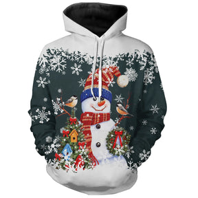 Sweat noël unisexe vert douillet avec bonhomme de neige souriant et flocons