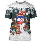 Pull noël variante festive vert douillet avec bonhomme de neige souriant et flocons