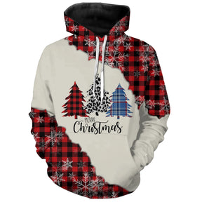 Sweat noël unisexe blanc et rouge tartan avec sapins, flocons et inscription Christmas