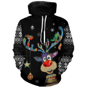 Sweat noël unisexe noir avec renne coloré, ornements hivernaux et flocons