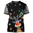 Pull noël variante festive noir avec renne coloré, ornements hivernaux et flocons