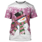 Pull noël variante festive rose avec bonhomme de neige, écharpe et flocons festifs
