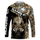 Sweat à capuche chasse sanglier camo orange, tête sanglier centrale et roseaux, vêtement chaud chasseur