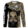 T-shirt sanglier camo orange vue de face design battue, coupe unisexe personnalisable pour chasseur sécurité
