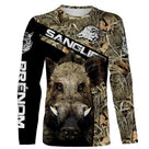 T-shirt sanglier camo orange vue de face design battue, coupe unisexe personnalisable pour chasseur sécurité