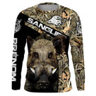 T-shirt anti UV chasse sanglier orange flamboyant, motif tête sanglier et lettrage, accessoire personnalisable