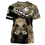 T-shirt chasse sanglier camouflage orange flamboyant avec tête de sanglier hérissé et lettrage SANGLIER, prénom imprimé