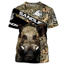 T-shirt chasse sanglier camouflage orange flamboyant avec tête de sanglier hérissé et lettrage SANGLIER, prénom imprimé