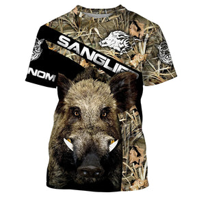 T-shirt chasse sanglier camouflage orange flamboyant avec tête de sanglier hérissé et lettrage SANGLIER, prénom imprimé