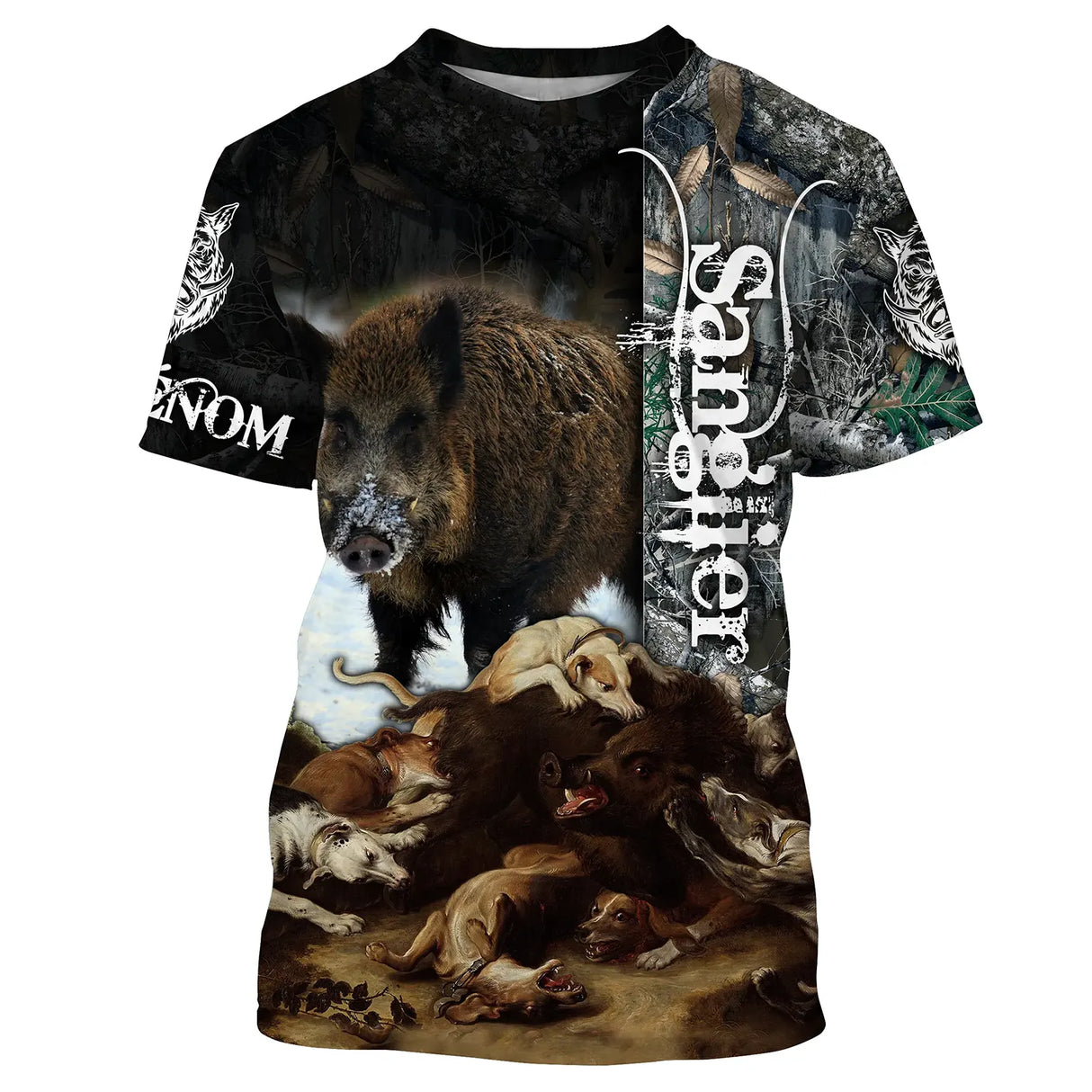 T-shirt chasse sanglier avec sanglier en mouvement et meute de chiens à courre sur fond noir et bordures camouflage orange
