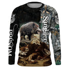 T-shirt anti UV chasse sanglier mêlée chiens, motif scène d action et lettrage, accessoire personnalisable