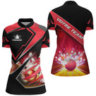 Polo Zippé Femme bowling personnalisé rouge dynamique boule frappant quilles et prénom