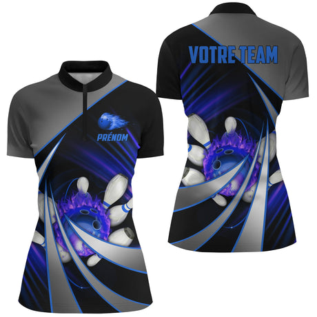 Polo Bowling Personnalisé Unisexe – Design Flamme – Rouge, Violet ou Bleu – Avec Nom & Équipe - A05092402 - Polo femme bleu