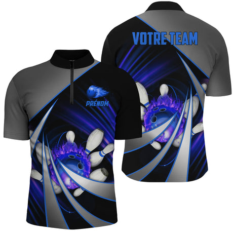 Polo Bowling Personnalisé Unisexe – Design Flamme – Rouge, Violet ou Bleu – Avec Nom & Équipe - A05092402 - Polo homme bleu