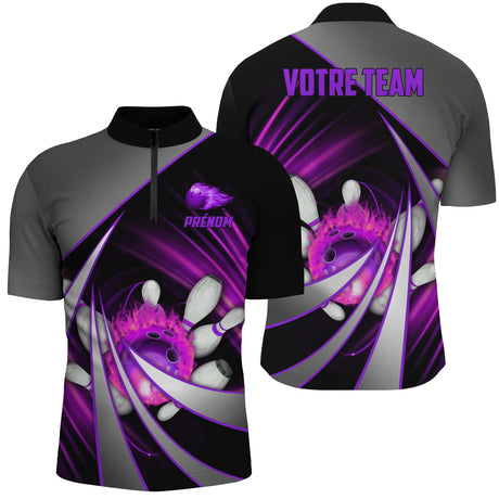 Polo Bowling Personnalisé Unisexe – Design Flamme – Rouge, Violet ou Bleu – Avec Nom & Équipe - A05092402 - Polo homme violet