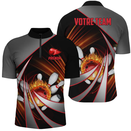 Polo Bowling Personnalisé Unisexe – Design Flamme – Rouge, Violet ou Bleu – Avec Nom & Équipe - A05092402 - Polo homme rouge