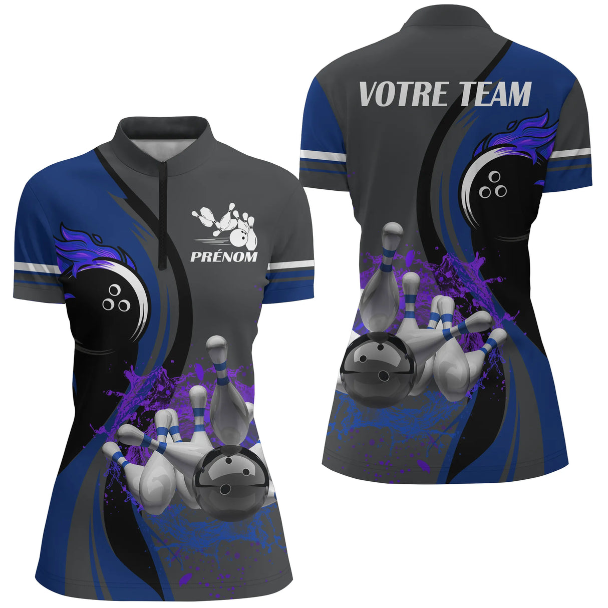 Maillot de Bowling Personnalisé Homme/Femme – Design Flamme et Quilles – Avec Prénom et Nom d’Équipe - A05092403 - polo femme bleu
