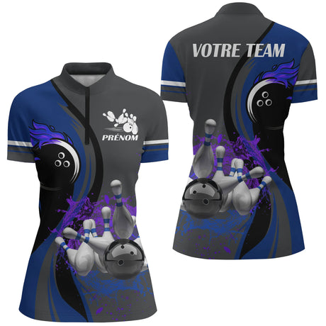Maillot de Bowling Personnalisé Homme/Femme – Design Flamme et Quilles – Avec Prénom et Nom d’Équipe - A05092403 - polo femme bleu