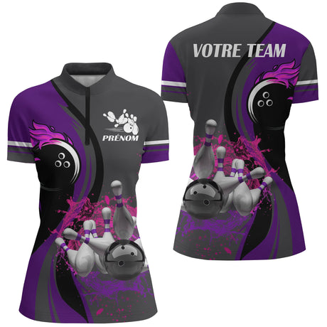 Maillot de Bowling Personnalisé Homme/Femme – Design Flamme et Quilles – Avec Prénom et Nom d’Équipe - A05092403 - polo femme violet
