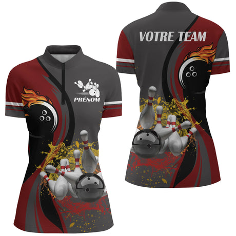 Maillot de Bowling Personnalisé Homme/Femme – Design Flamme et Quilles – Avec Prénom et Nom d’Équipe - A05092403 - polo femme rouge