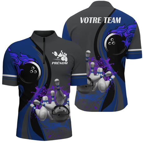Maillot de Bowling Personnalisé Homme/Femme – Design Flamme et Quilles – Avec Prénom et Nom d’Équipe - A05092403 - polo homme bleu