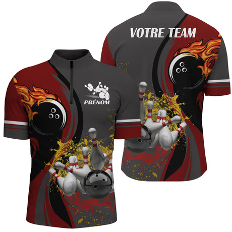 Maillot de Bowling Personnalisé Homme/Femme – Design Flamme et Quilles – Avec Prénom et Nom d’Équipe - A05092403 - polo homme rouge
