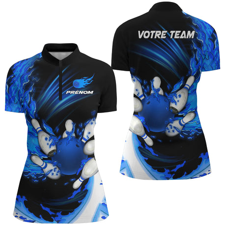 Maillot Bowling Personnalisé Homme & Femme – Design Flamme Rouge, Violet ou Bleu – Nom & Équipe Personnalisables - A05092404 - Polo femme bleu