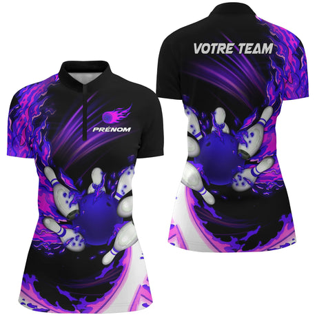 Maillot Bowling Personnalisé Homme & Femme – Design Flamme Rouge, Violet ou Bleu – Nom & Équipe Personnalisables - A05092404 - Polo femme violet
