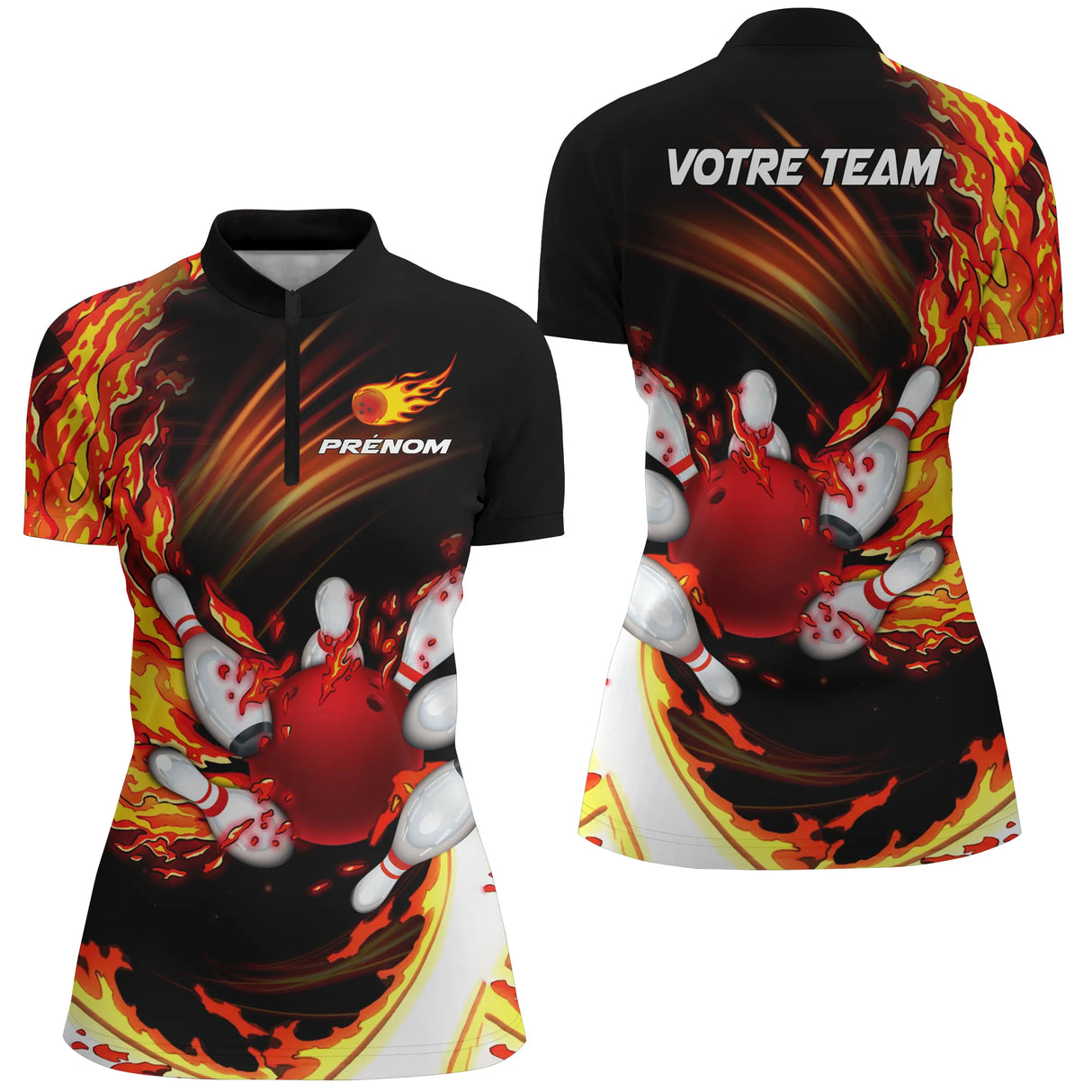 Maillot Bowling Personnalisé Homme & Femme – Design Flamme Rouge, Violet ou Bleu – Nom & Équipe Personnalisables - A05092404 - Polo femme rouge