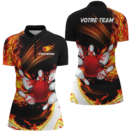 Maillot Bowling Personnalisé Homme & Femme – Design Flamme Rouge, Violet ou Bleu – Nom & Équipe Personnalisables - A05092404 - Polo femme rouge