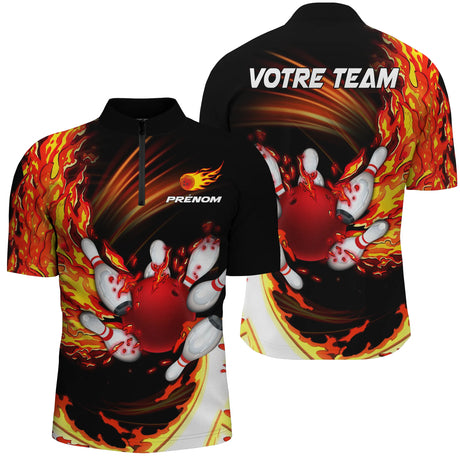 Maillot Bowling Personnalisé Homme & Femme – Design Flamme Rouge, Violet ou Bleu – Nom & Équipe Personnalisables - A05092404 - Polo homme rouge