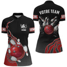 Polo Zippé Femme bowling personnalisé rouge avec boule et flammes design quilles et prénom
