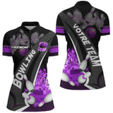 Polo Bowling Personnalisé Homme & Femme – Nom & Équipe – Rouge, Violet ou Bleu – Design Flamme & Quilles - A05092408 - polo femme violet