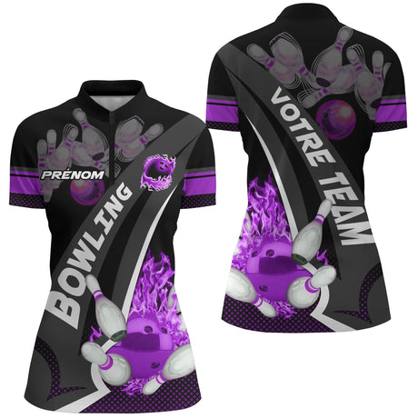 Polo Bowling Personnalisé Homme & Femme – Nom & Équipe – Rouge, Violet ou Bleu – Design Flamme & Quilles - A05092408 - polo femme violet