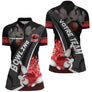 Polo zippé bowling personnalisé homme rouge et noir avec quilles enflammées et boule rouge sur le côté