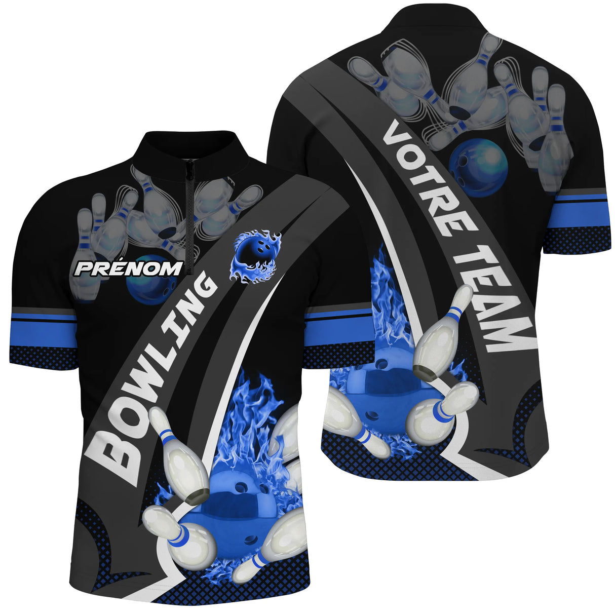 Polo Bowling Personnalisé Homme & Femme – Nom & Équipe – Rouge, Violet ou Bleu – Design Flamme & Quilles - A05092408 - polo homme bleu