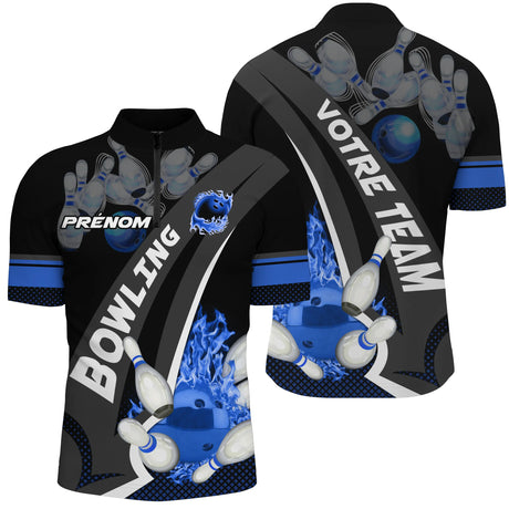 Polo Bowling Personnalisé Homme & Femme – Nom & Équipe – Rouge, Violet ou Bleu – Design Flamme & Quilles - A05092408 - polo homme bleu