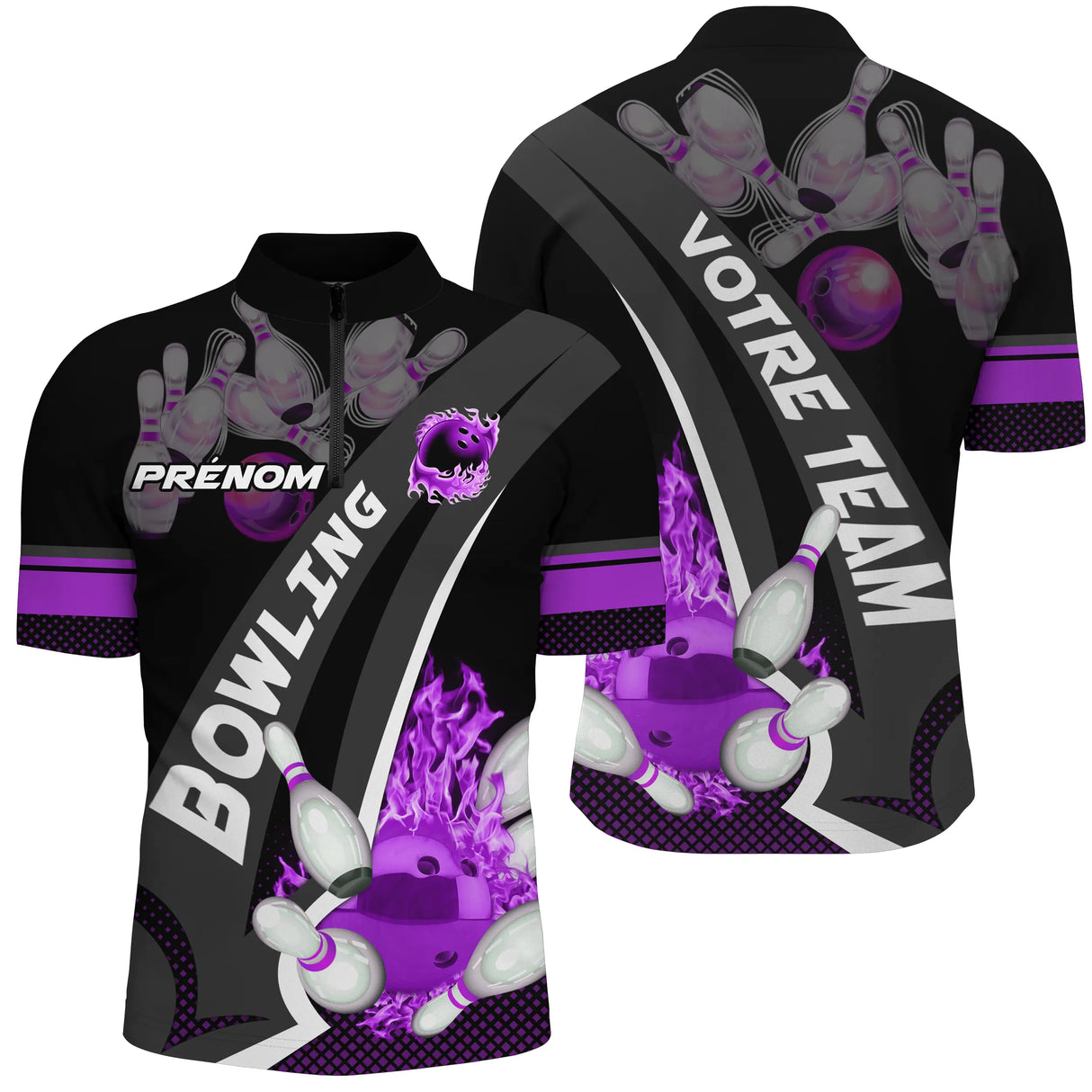 Polo Bowling Personnalisé Homme & Femme – Nom & Équipe – Rouge, Violet ou Bleu – Design Flamme & Quilles - A05092408 - polo homme violet
