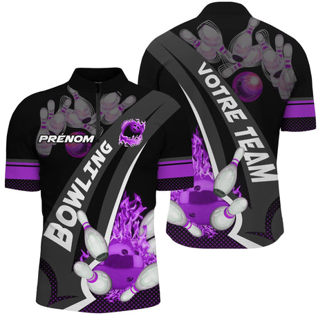Polo Bowling Personnalisé Homme & Femme – Nom & Équipe – Rouge, Violet ou Bleu – Design Flamme & Quilles - A05092408 - polo homme violet