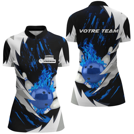 Maillot Bowling Personnalisé Homme & Femme – Design Flamme Rouge, Violette ou Bleue – Nom & Équipe Inclus - A05092409 - polo femme bleu