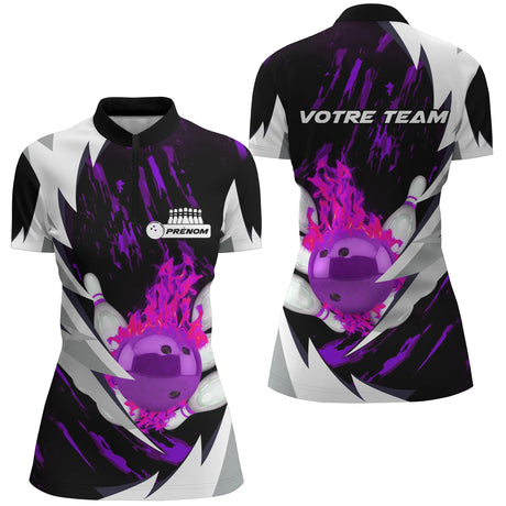 Maillot Bowling Personnalisé Homme & Femme – Design Flamme Rouge, Violette ou Bleue – Nom & Équipe Inclus - A05092409 - polo femme violet
