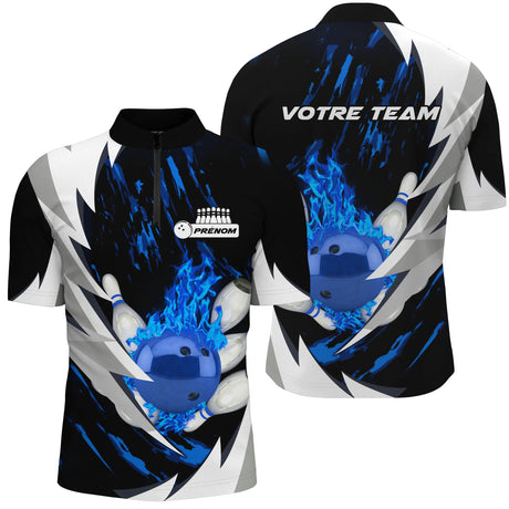Maillot Bowling Personnalisé Homme & Femme – Design Flamme Rouge, Violette ou Bleue – Nom & Équipe Inclus - A05092409 - polo homme bleu