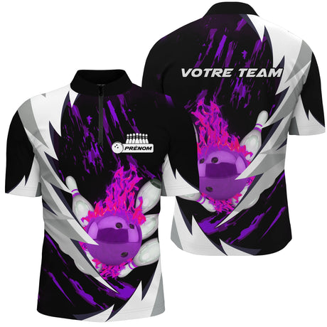 Maillot Bowling Personnalisé Homme & Femme – Design Flamme Rouge, Violette ou Bleue – Nom & Équipe Inclus - A05092409 - polo homme violet