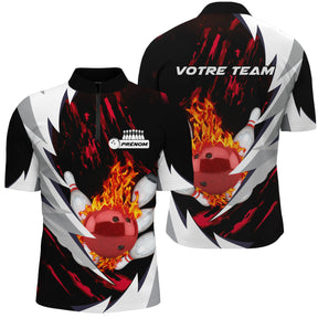Polo zippé bowling personnalisé homme noir et rouge avec rayons dynamiques et boule rouge enflammée