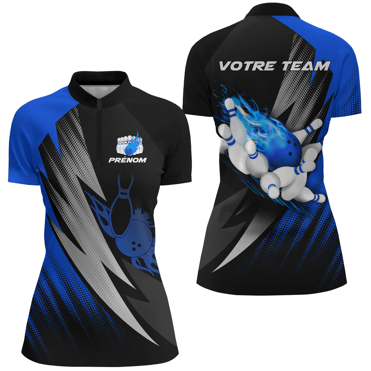 Maillot Bowling Personnalisé Homme & Femme – Design Flamme, Nom & Équipe – Rouge, Bleu, Violet - A05092410 - polo femme bleu
