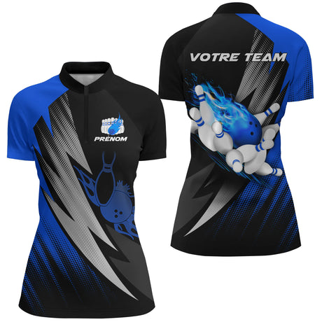 Maillot Bowling Personnalisé Homme & Femme – Design Flamme, Nom & Équipe – Rouge, Bleu, Violet - A05092410 - polo femme bleu