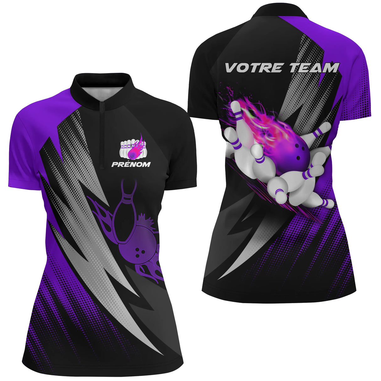 Maillot Bowling Personnalisé Homme & Femme – Design Flamme, Nom & Équipe – Rouge, Bleu, Violet - A05092410 - polo femme violet