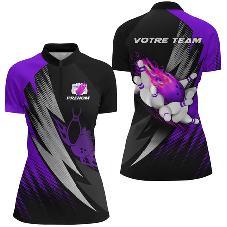 Maillot Bowling Personnalisé Homme & Femme – Design Flamme, Nom & Équipe – Rouge, Bleu, Violet - A05092410 - polo femme violet